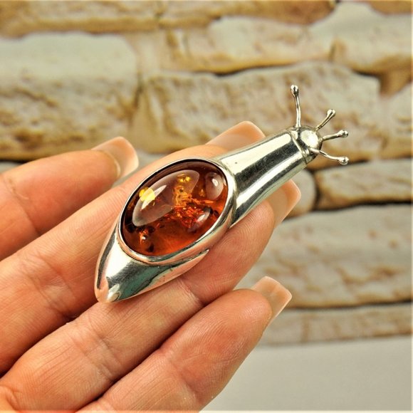 BALTIC AMBER 925 SILVER SNAIL BROOCH, RARE TO FIND JEWELRY, GIFT FOR WOMEN - Picture 5 of 10